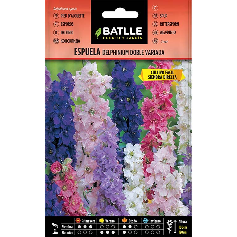 ESPUELA DELPHINIUM DOBLE VARIADA 500 semillas | Kreo Jardiner&iacute;a